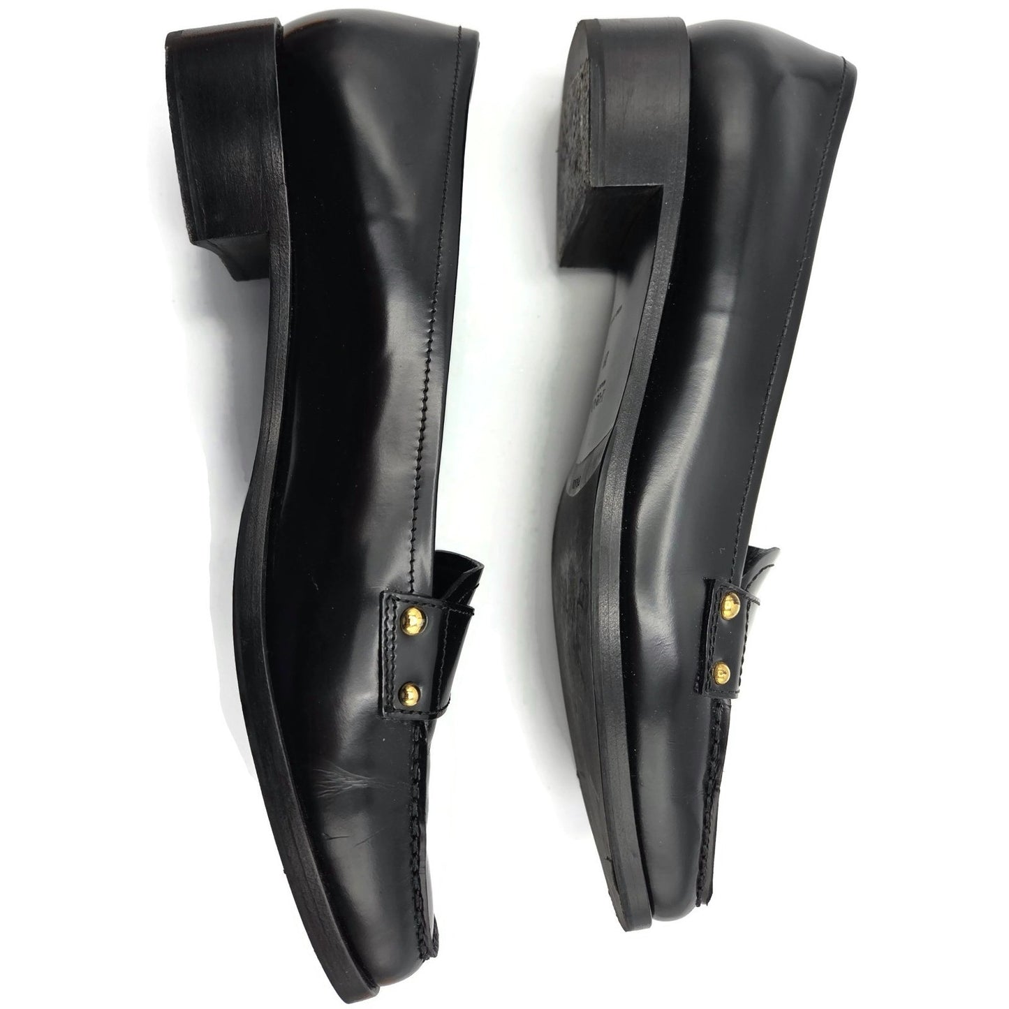 Prada Black Leather Loafer 1D9558 Gold Studs Flats Square Toe Womens Size EU 39