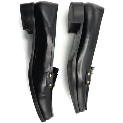 Prada Black Leather Loafer 1D9558 Gold Studs Flats Square Toe Womens Size EU 39