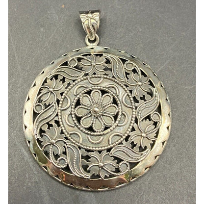 Doug Paulus Silver Floral Filigree Round Medallion Pendant 925 Sterling Silver