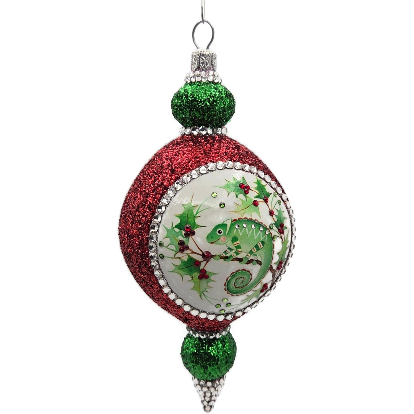 Patricia Breen Le Fleuron Holly Chameleon Red Glittered Christmas Tree Ornament