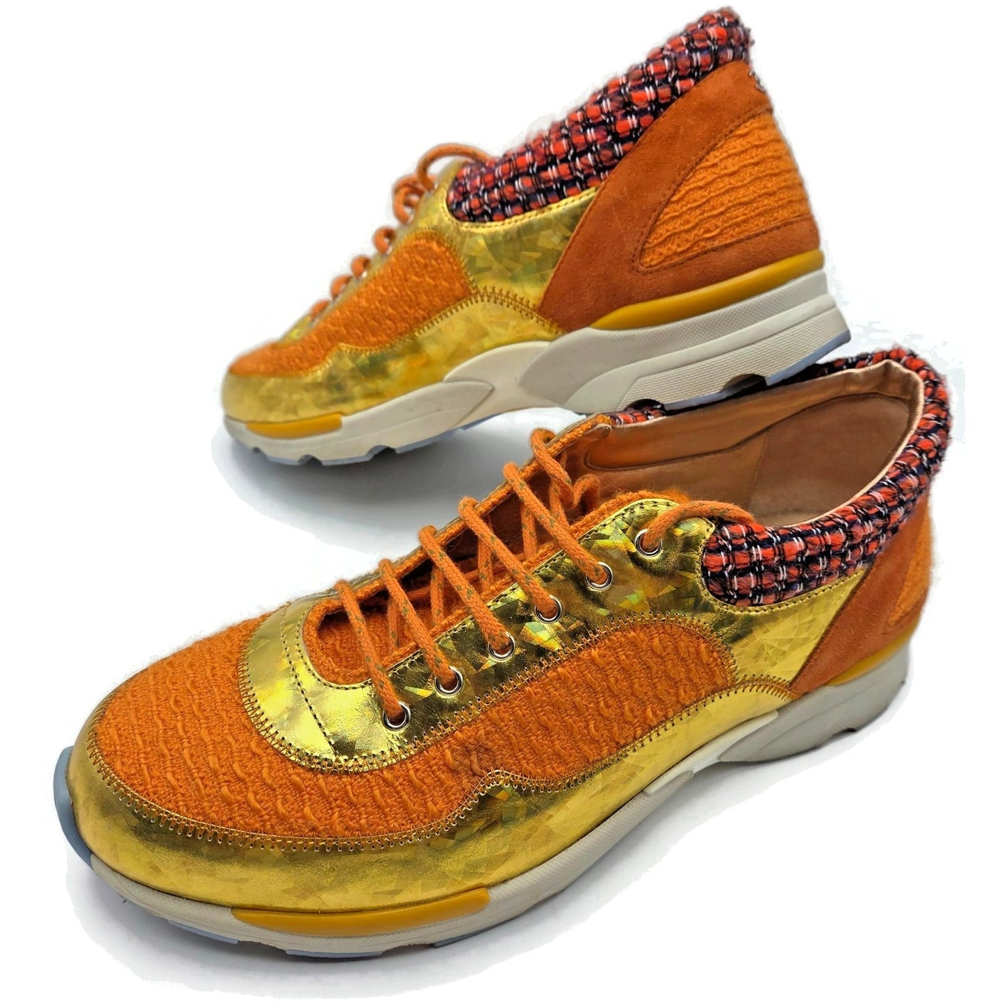 Chanel 14K Supermarket Orange Tweed PVC Suede Gold Sneakers Women EU Size 40.5