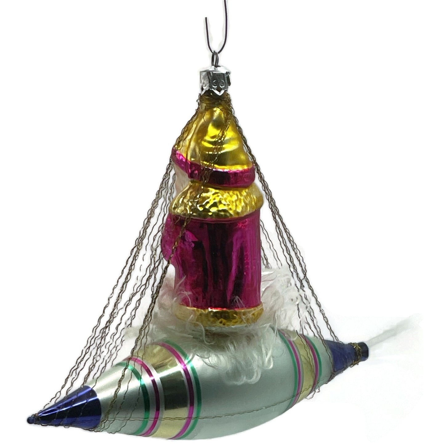 Christopher Radko Pink Santa In Space Blue Silver Rocket Christmas Tree Ornament