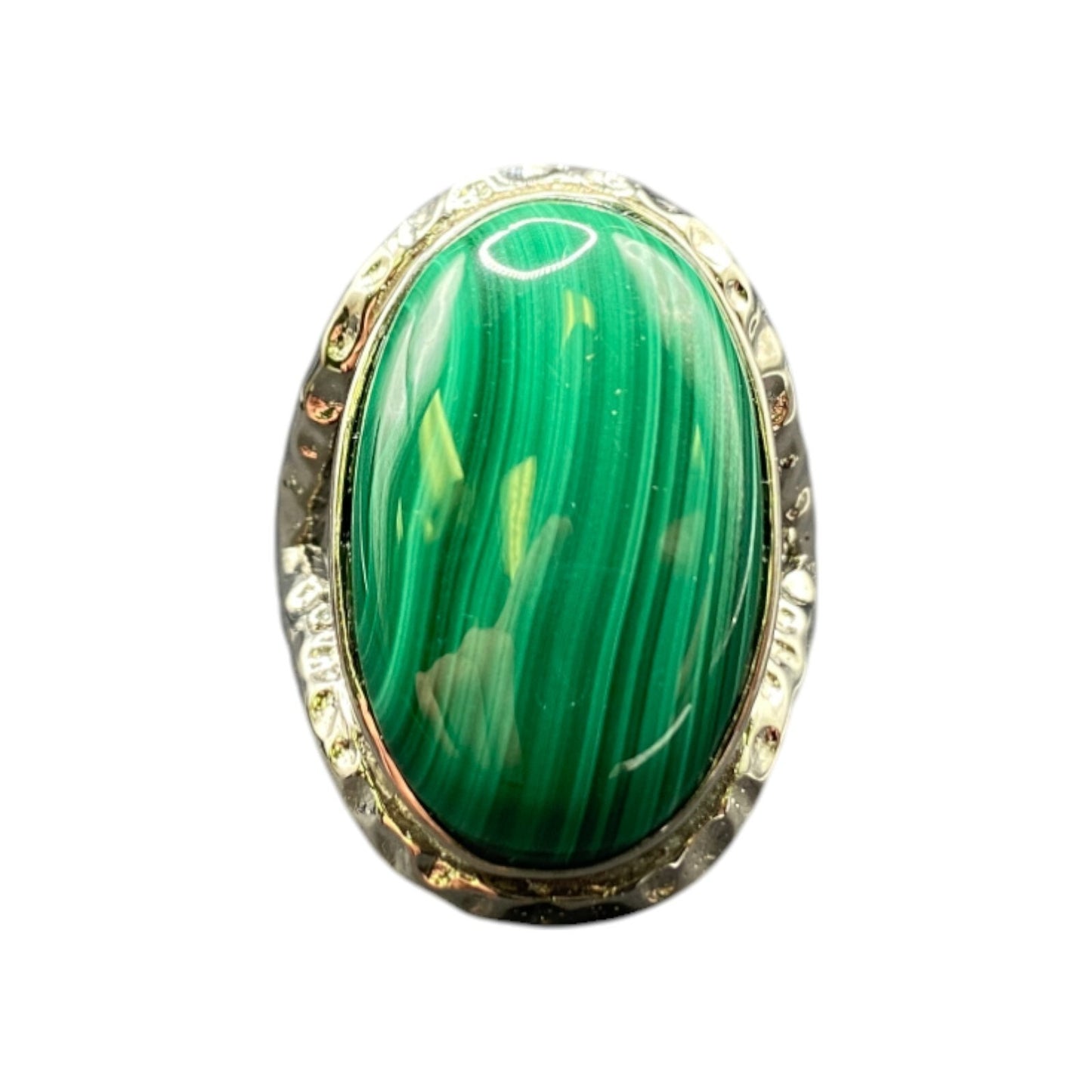 Malachite Ring Green Gemstone Oval Cabochon Hammered Stainless Steel GSJ Size 8