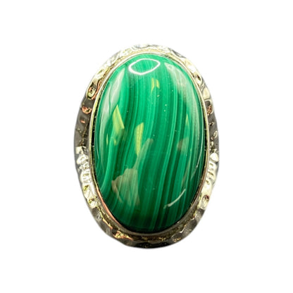 Malachite Ring Green Gemstone Oval Cabochon Hammered Stainless Steel GSJ Size 8