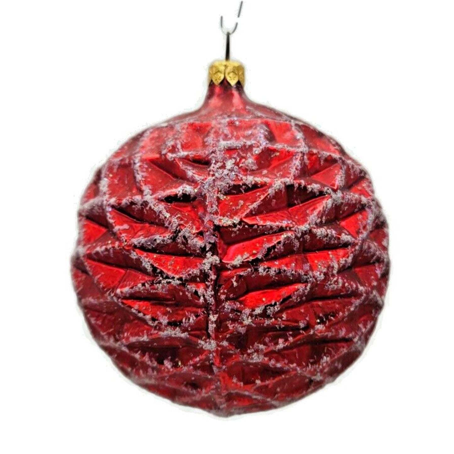 Christopher Radko Waffle Ball Red Glittered Christmas Holiday Ornament 96-133-0