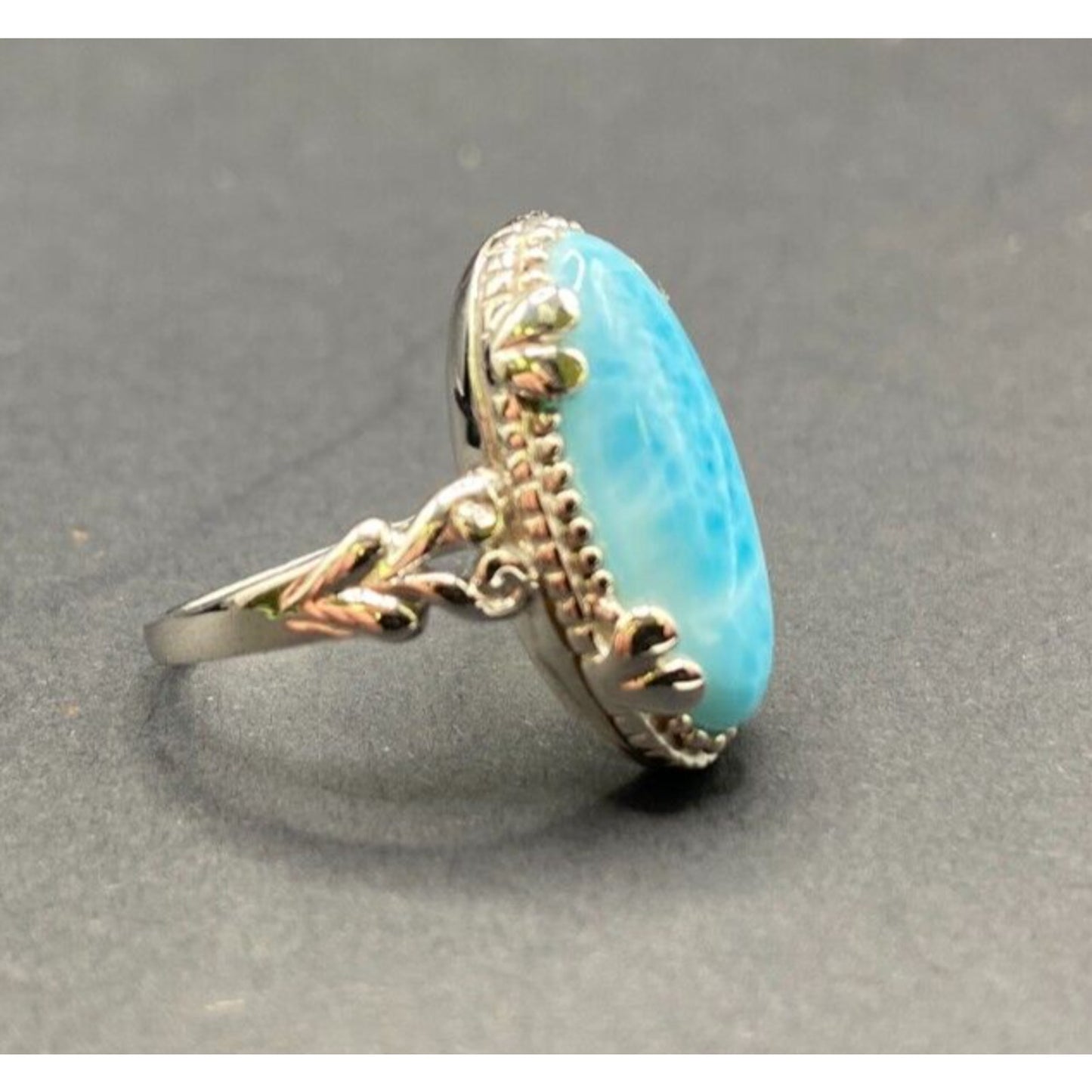 Larimar Gemstone Ring Oval Gemstone 925 Stering Silver JS Thailand Size 8