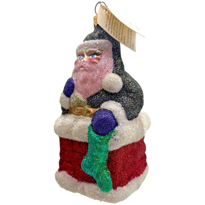 Larry Fraga Glitter Series Santa Claus in Chimney Glass Christmas Tree Ornament