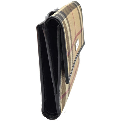 Burberry London Vintage Nova Check Leather Snap Bi-Fold Wallet Black Beige Plaid