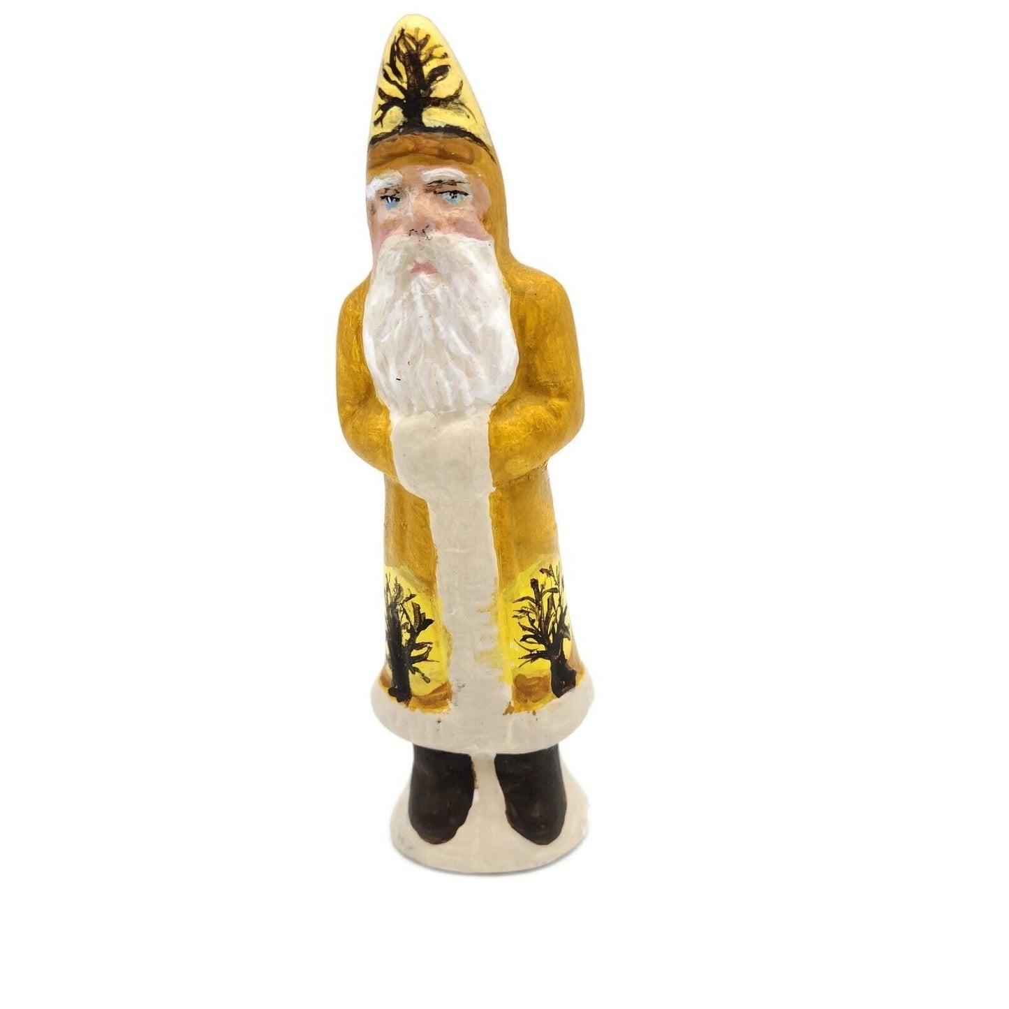 Father Christmas Trees Yellow Coat Chalkware Folk Art Holiday Figurine