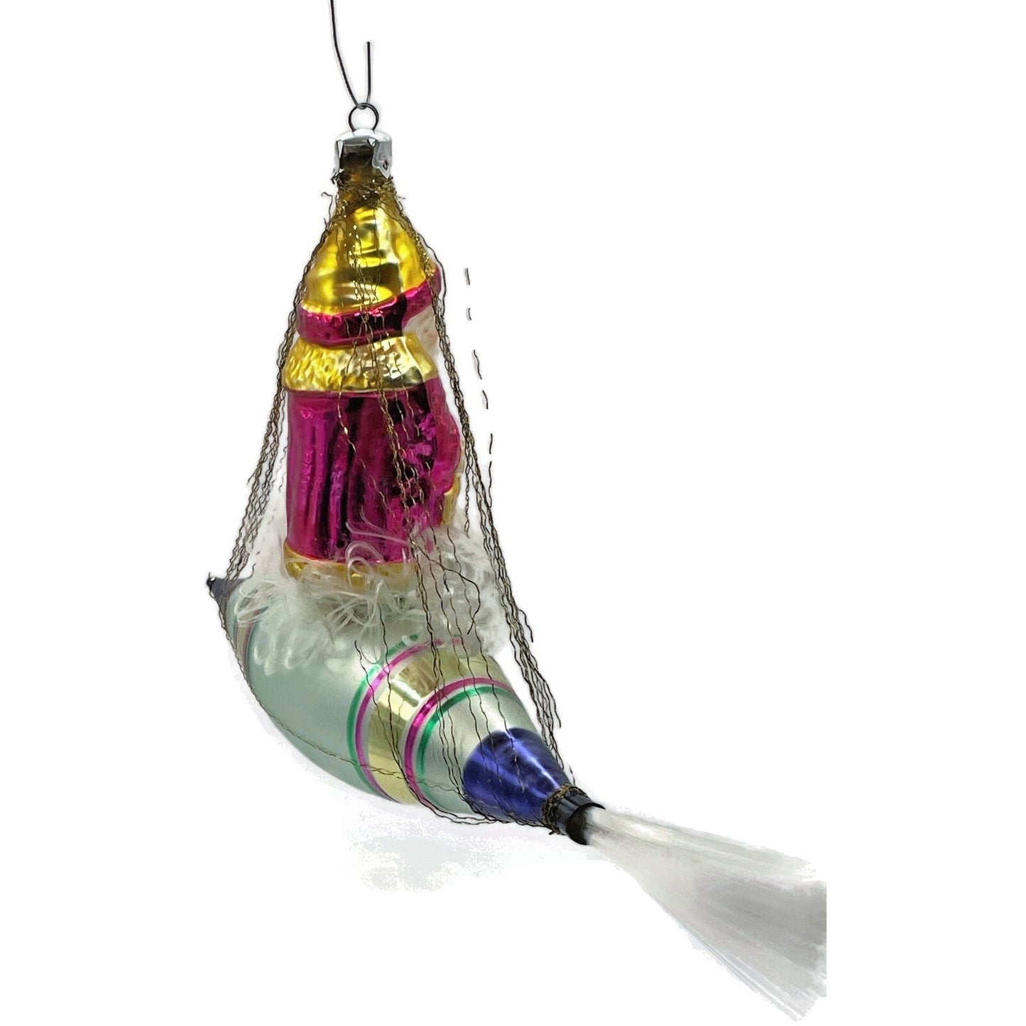 Christopher Radko Pink Santa In Space Blue Silver Rocket Christmas Tree Ornament