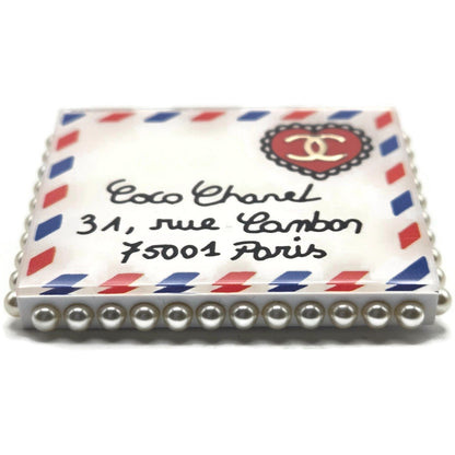 Chanel 19C Rue Cambon Paris Letter Brooch Pin AB0919 CC Logo Pearl Airmail Blue