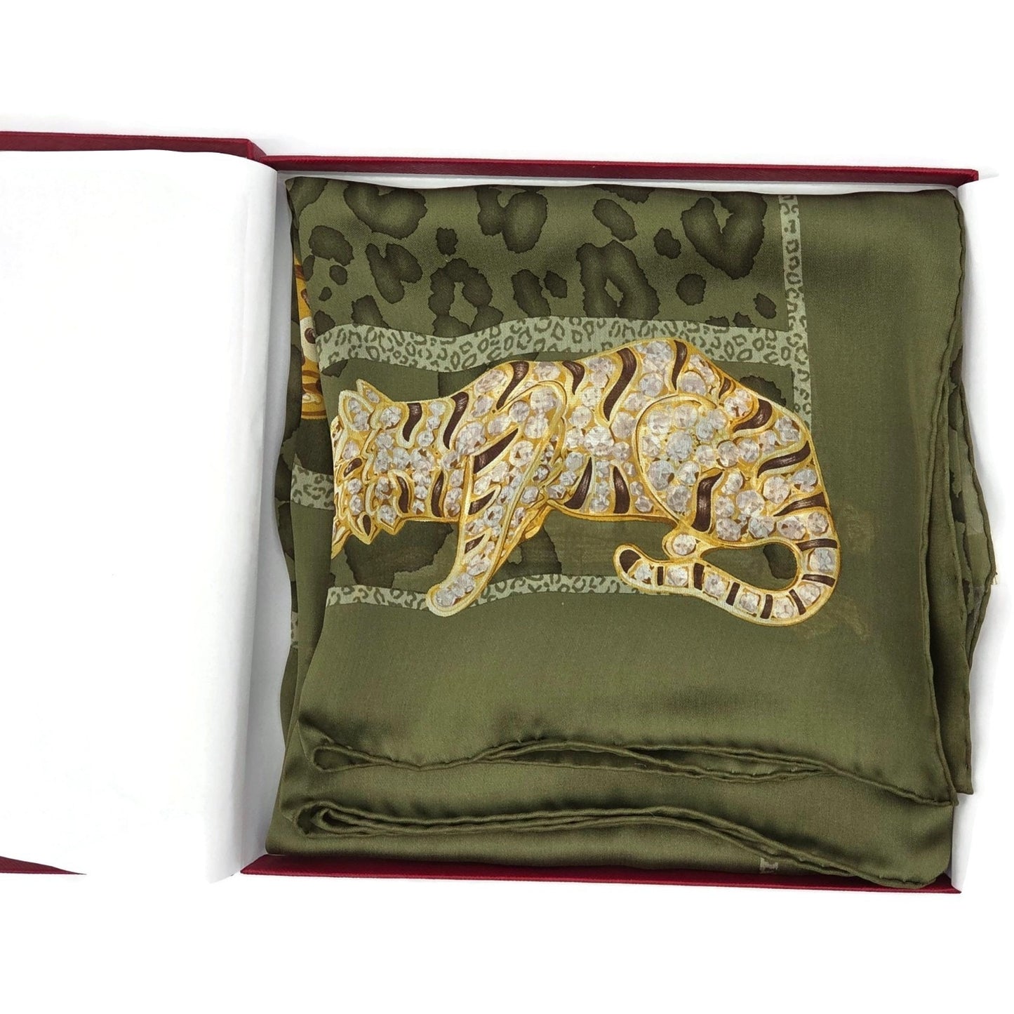 Cartier Paris Silk Scarf Green Panther Leopard Cat Print Box Certificate Rare