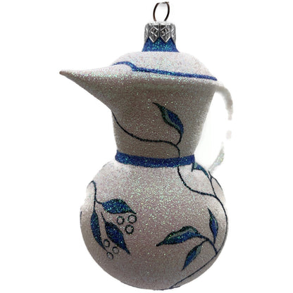 Patricia Breen Sweet Cream Glittered Blue Flowers Pearl White Spring Ornament