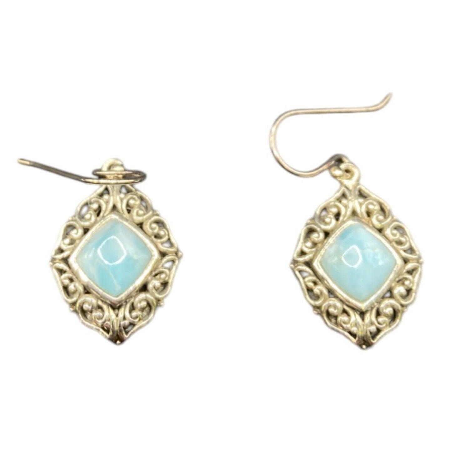 Larimar Fish Hook Earrings Cushion Cut Gemstone 925 Sterling Silver NK Thailand