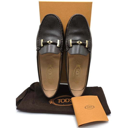 TOD'S Double T Dark Brown Leather Driving Moccasins Loafers Womens Size 39.5