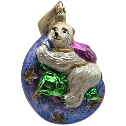 Larry Fraga Moonstruck Polar Bear Moon Stars Glass Christmas Tree Ornament