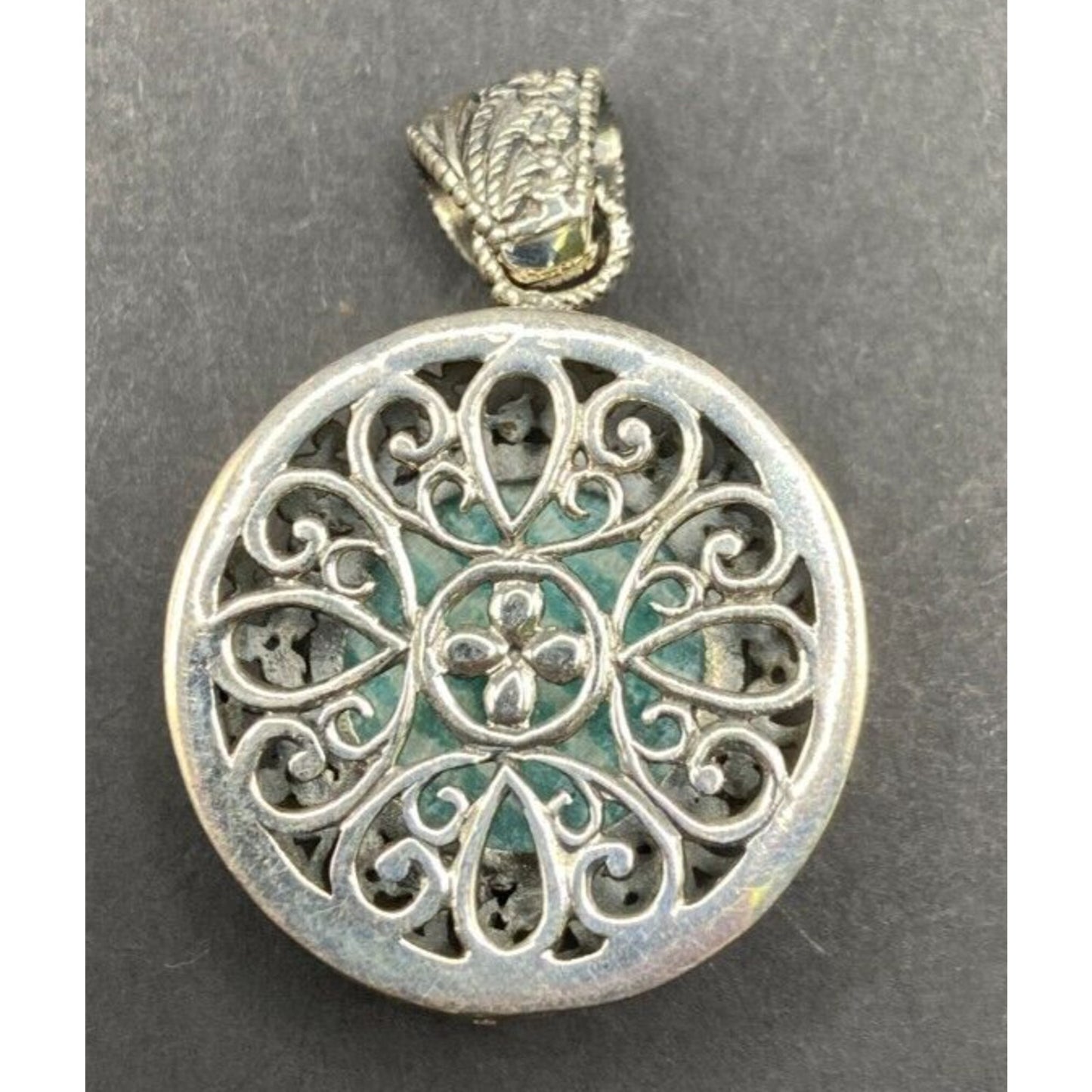 Amazonite Crystal Stone Pendant Round Cabochon Shaped Silver Tone Metal Filigree
