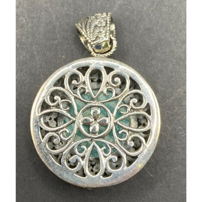 Amazonite Crystal Stone Pendant Round Cabochon Shaped Silver Tone Metal Filigree