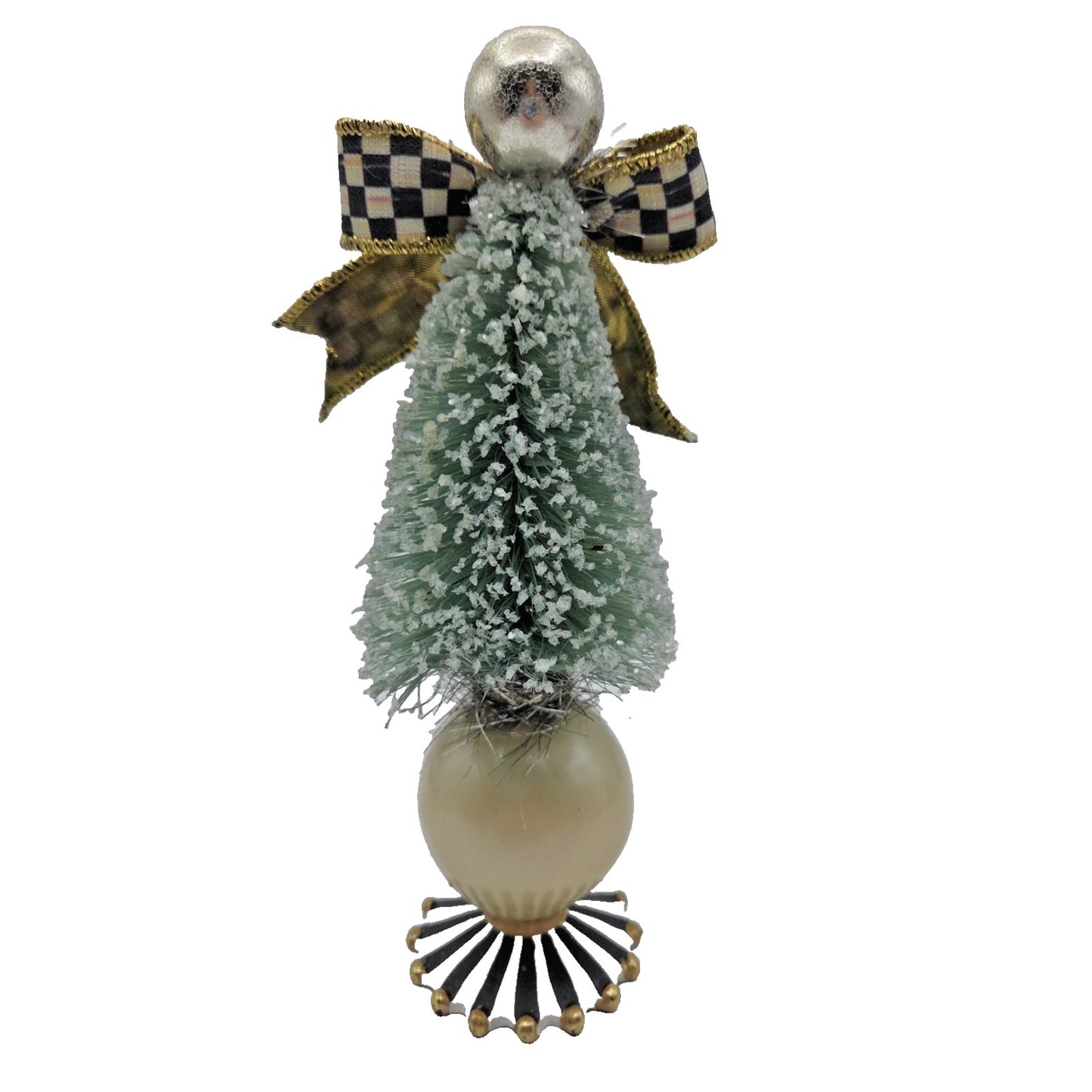 Mackenzie Childs Home Sweet Snow Bottle Brush Tree Mini Green Courtly Check Bow