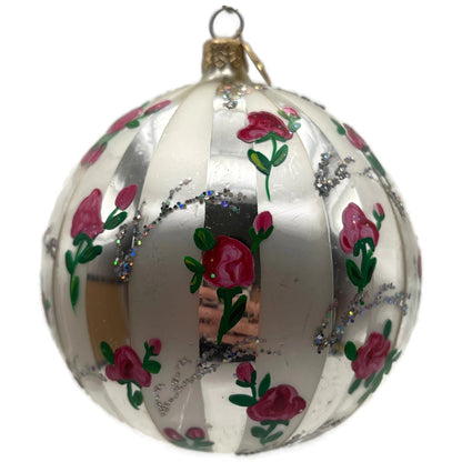 Christopher Radko Parlour Pink Roses Silver Striped Glitter Christmas Ornament