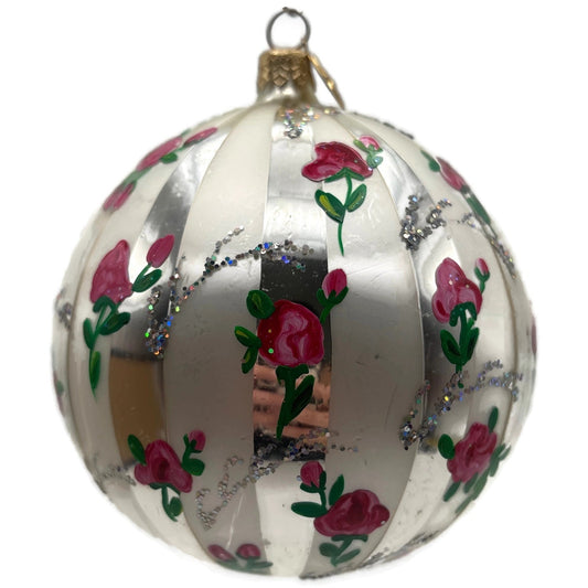 Christopher Radko Parlour Pink Roses Silver Striped Glitter Christmas Ornament