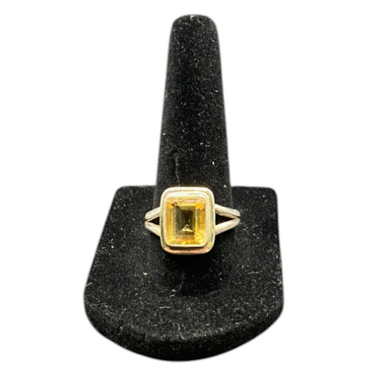 Emerald Cut Yellow Citrine Crystal Gemstone Ring 925 Sterling Silver Size 8.25