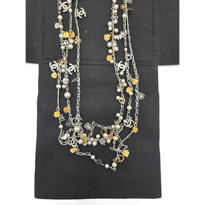 CoCo Chanel Three Strand Chain Hearts Clover Faux Pearl CC Logo Charm Necklace