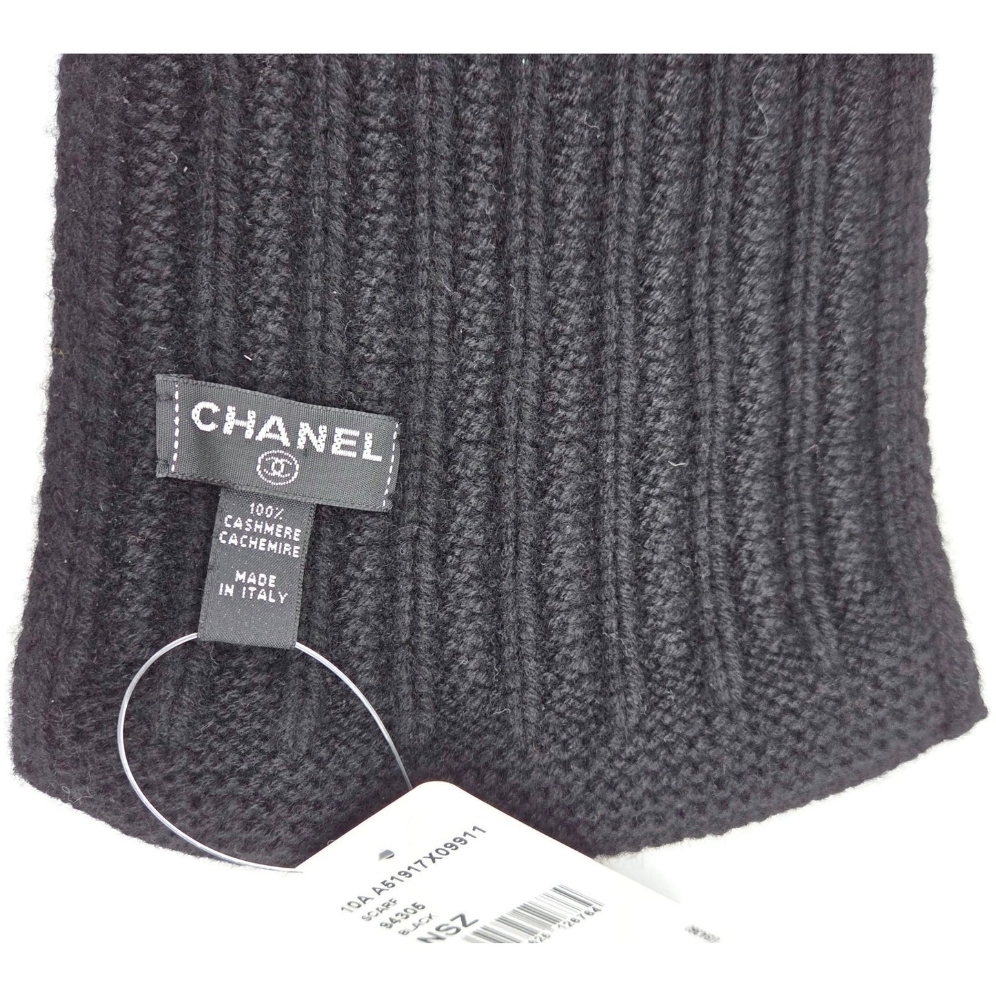 Chanel 10A Black Cashmere Ribbed Scarf with Large Signature CC Logo 120"X6" NWT