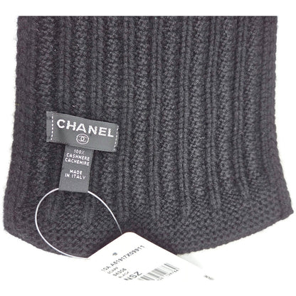 Chanel 10A Black Cashmere Ribbed Scarf with Large Signature CC Logo 120"X6" NWT