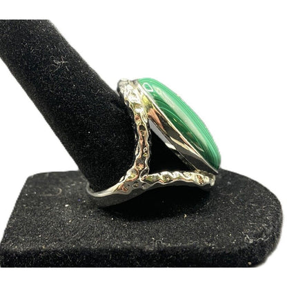Malachite Ring Green Gemstone Oval Cabochon Hammered Stainless Steel GSJ Size 8