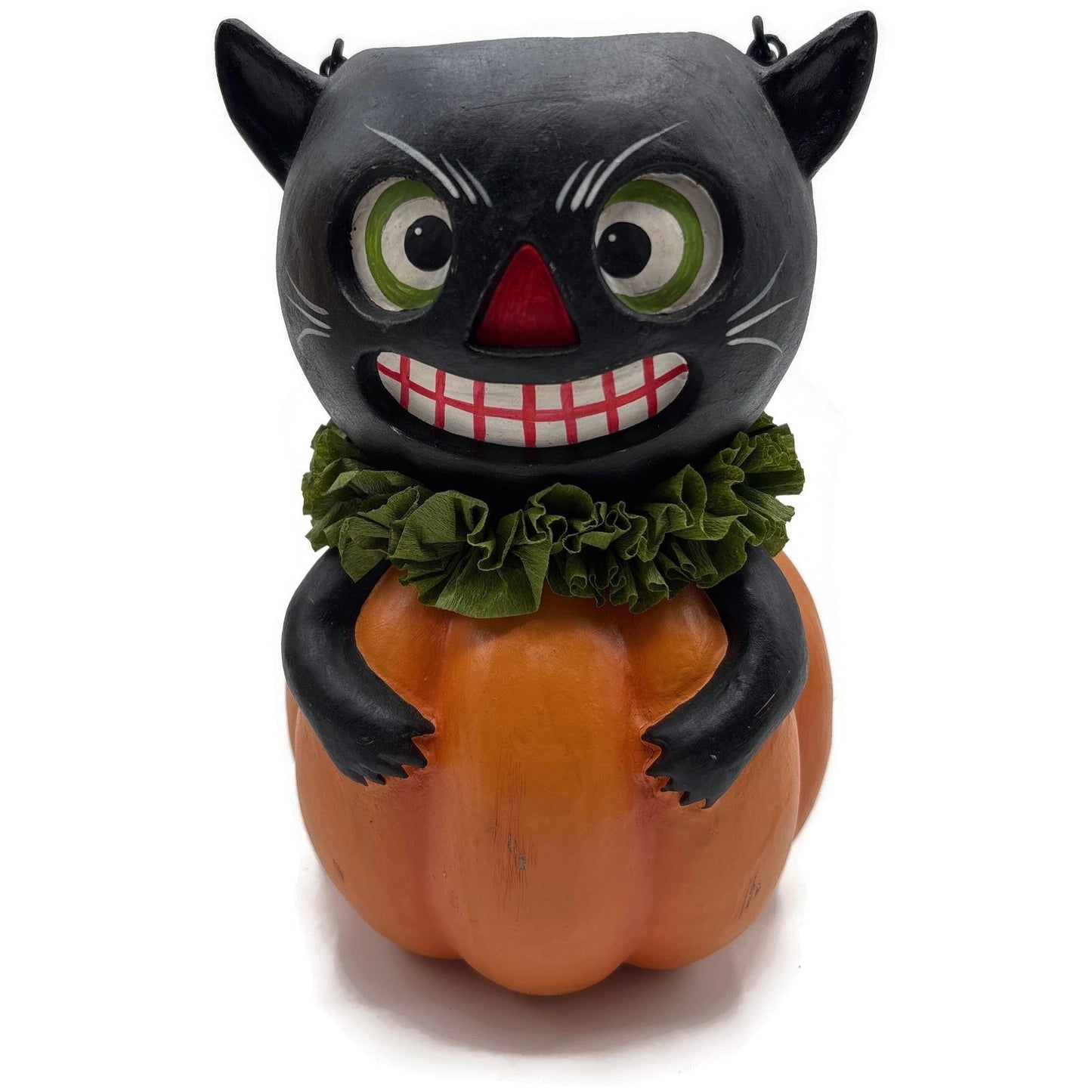Bethany Lowe Halloween Vintage Style Black Cat in Pumpkin Bucket Paper Pulp New