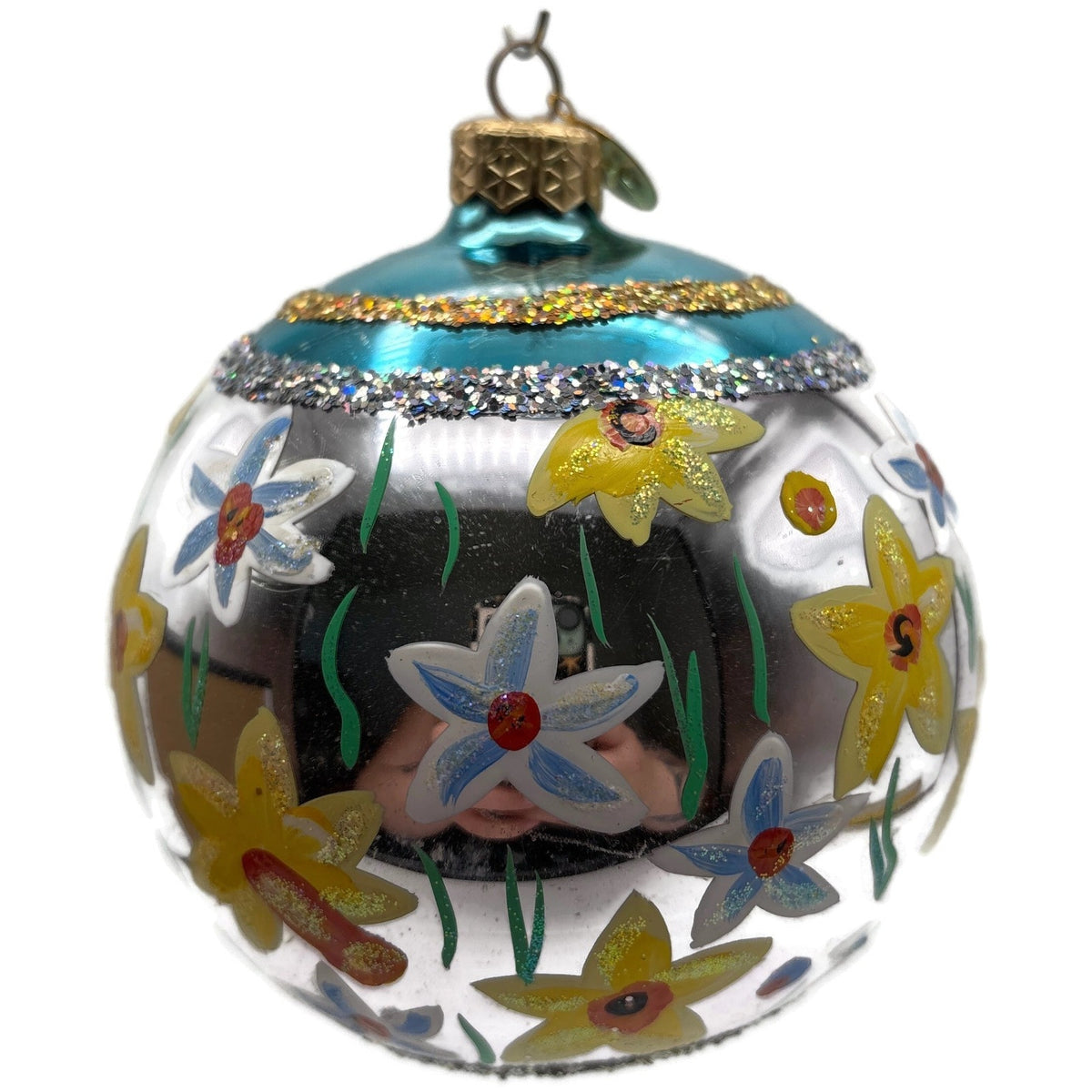 Christopher Radko Floral Glass Ornament Silver Blue Yellow Hand Painted Glitter