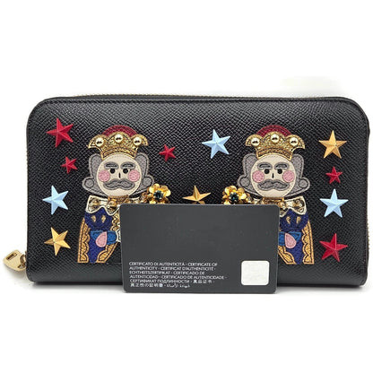 Dolce & Gabbana Black Leather Gold Zip Around Wallet Nutcracker King Stars Royal