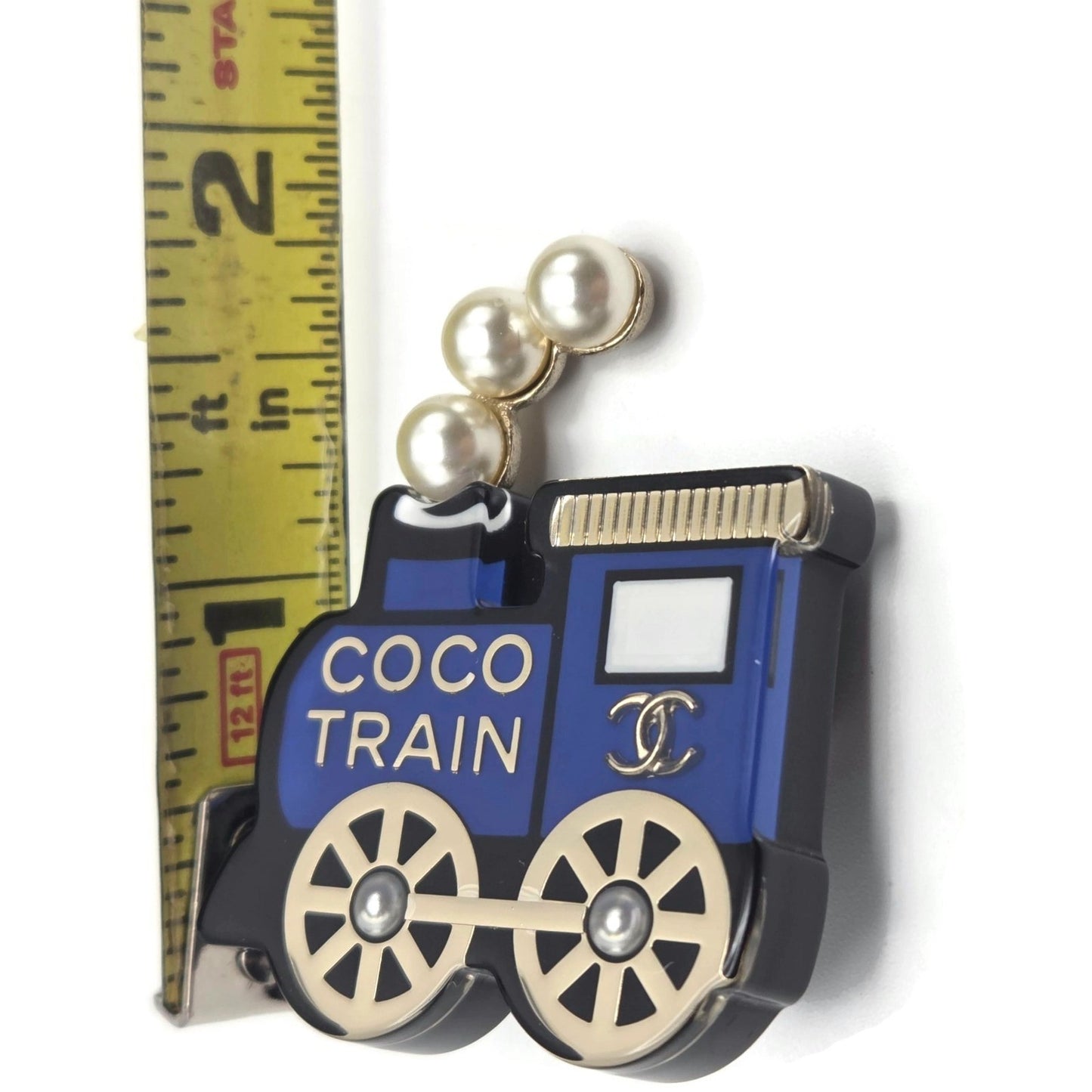 Coco Chanel Train Brooch 20C AB3237 Blue Black Gold Pearl CC Logo Rare