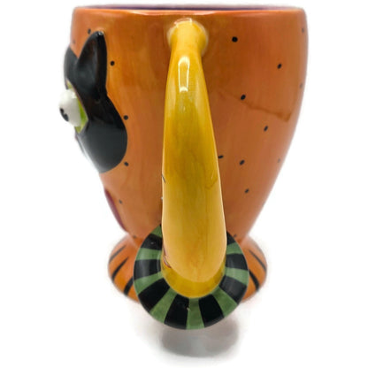 Department 56 Halloween Google Eye Black Cat Orange Mug Coffee Cup Moon Handle