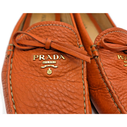 Prada Orange Papaya Pebbled Leather Loafers Slip On Driving Flats Womens Size 39