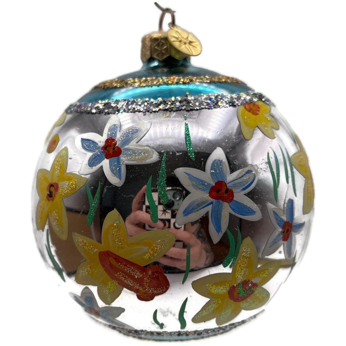 Christopher Radko Floral Glass Ornament Silver Blue Yellow Hand Painted Glitter